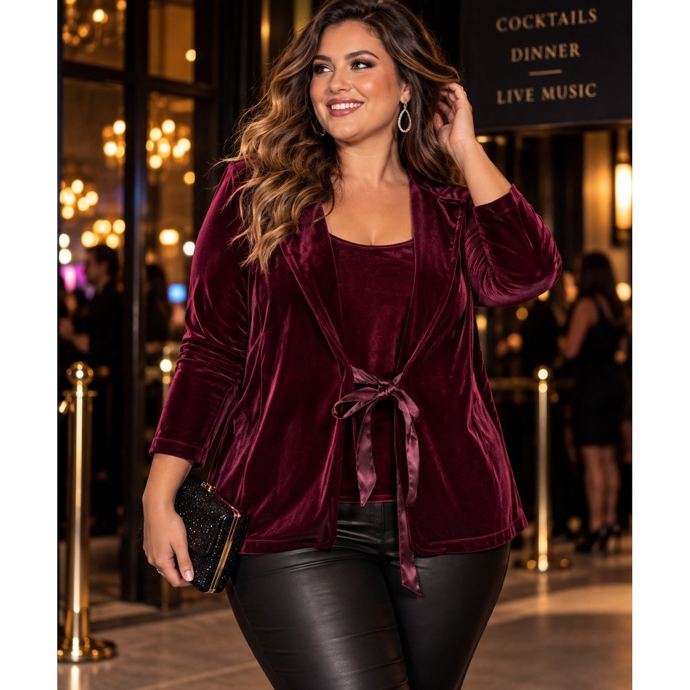 Y2K Holiday Glam Velvet Tie Front Jacket Top Elementz Burgundy Womens L